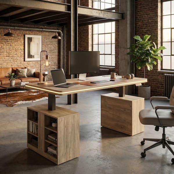 FUFU&GAGA 63 in. Rectangular Natural Wood 0-Drawer Desk with