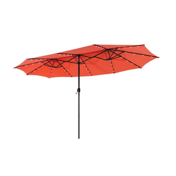 WELLFOR 15 ft. Steel Market Patio Umbrella in Orange with LED Light Double Sided Twin Solar Outdoor Umbrella with Crank