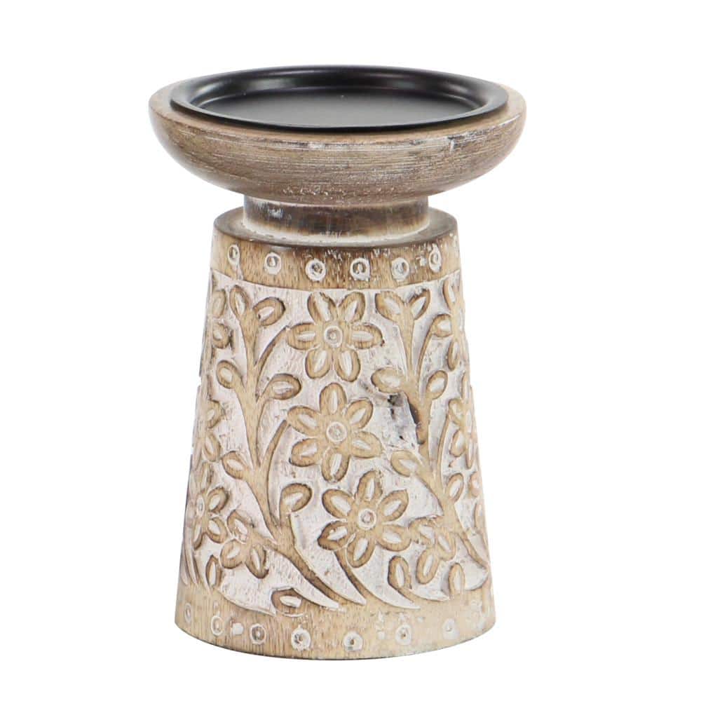 Coastal Charm Mango Wood Carved Pillar Candle Holders, Set of 3