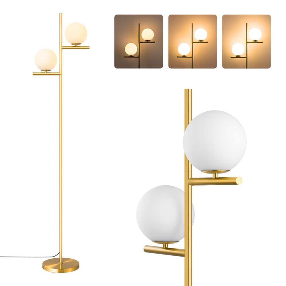 68 in. Golden Metal 2-Light LED Dimmable Tree Floor Lamp for Living Room with Globe Glass Shade