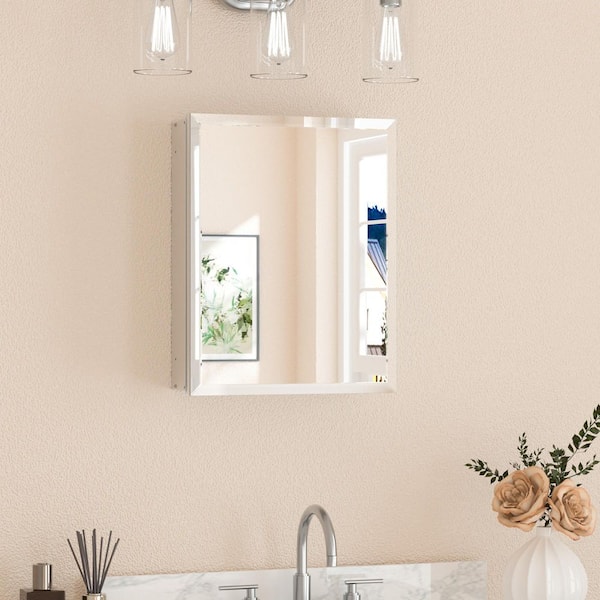 16 in. W x 20 in. H Rectangular Beveled Frameless Metal Silver Surface Mount/Recessed Medicine Cabinet with Mirror