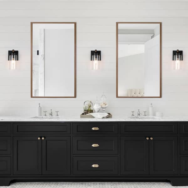 1-Light Black Industrial Wall Sconce with Seeded Glass Shade and Faux Wood Accents