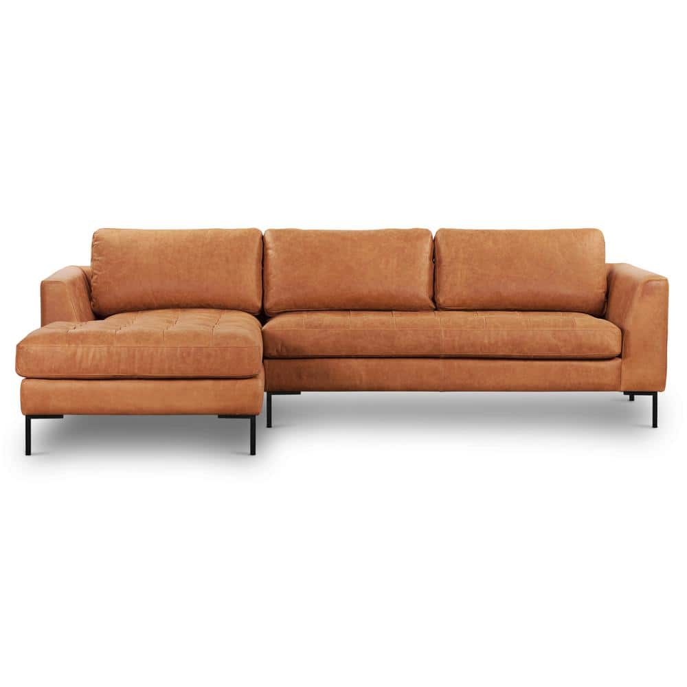 Poly and Bark Calle 114 in. Square Arm LShape Leather LeftFacing Sectional in Brown Cognac Tan