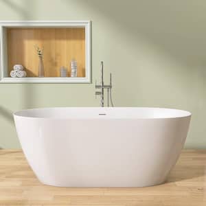55 in. x 27.5 in. Oval Acrylic Soaking Bath Tub Flatbottom Freestanding Bathtub with Chrome Removable Drain in White