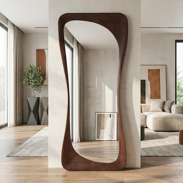 Brown 31.5 in. W x 71 in. H Curved Solid Wood Framed Floor Mirror Standing Wall Mirror