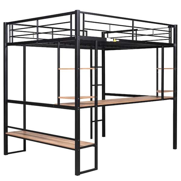 Full Size Metal Loft Bed, Mid Metal Loft Gaming Bed With Desk And LED Lights, Modern Steel Loft Bed Frame With Inclined Ladder And Safety Guardrail For Kids Teens Girls Boys, Easy