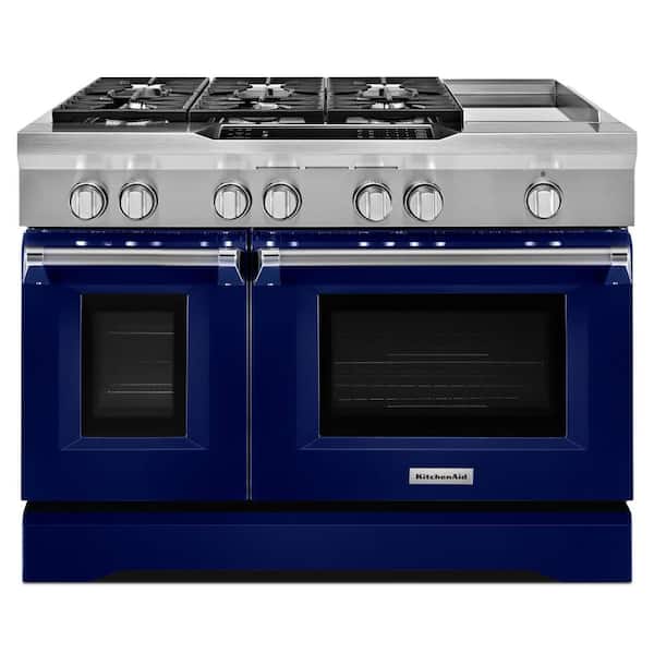KitchenAid 6.3 cu. ft. Double Oven Dual Fuel Commercial-Style Range with Griddle in Cobalt Blue