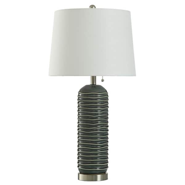 StyleCraft Alba 30 in. Dark Green/Nickel Transitional No Design Bedside Table Lamp for Bedroom with White Linen Shade