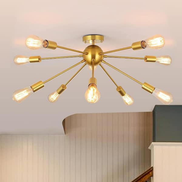 LWYTJO 24 in. 10-Light Gold Sputnik Semi Flush Mount for Kitchen Dining Room Bed Room Hallway