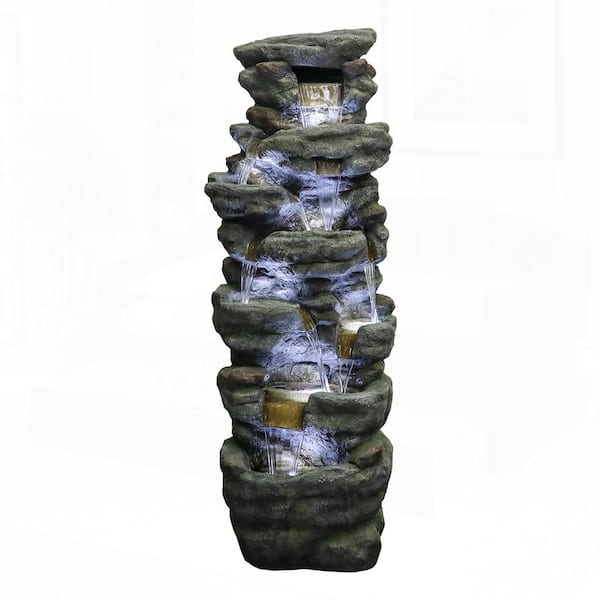 51in. H Resin Multi-Tier Cascading Rock Tiered Fountain with LED Lights, Water Feature for Garden, Yard, and Deck