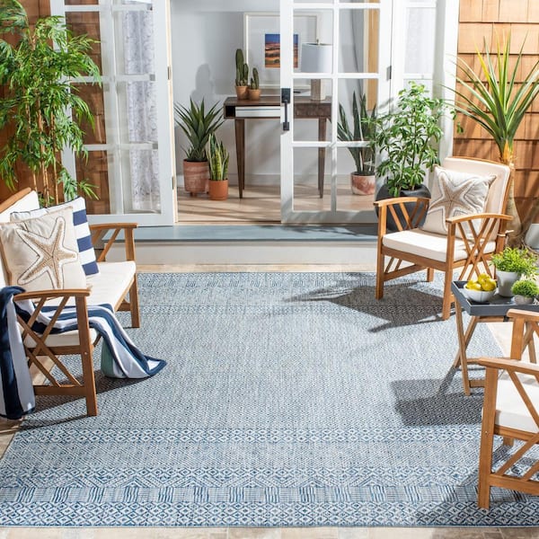 Courtyard Gray/Blue 7 ft. x 10 ft. Modern Geometric Diamond Indoor/Outdoor Patio Area Rug