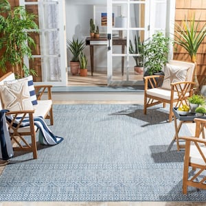 Courtyard Gray/Blue 7 ft. x 7 ft. Modern Geometric Diamond Indoor/Outdoor Patio Square Area Rug