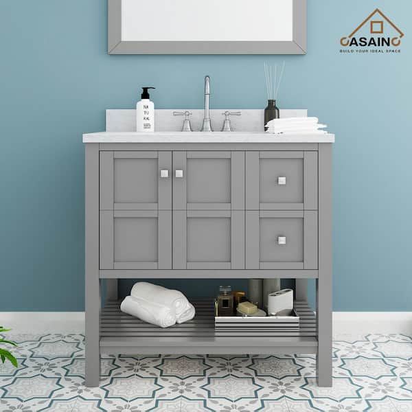 CASAINC 36 in. W x 22 in. D x 35.4 in. H Single Sink Solid Wood Bath Vanity in Gray with White Marble Top and Mirror