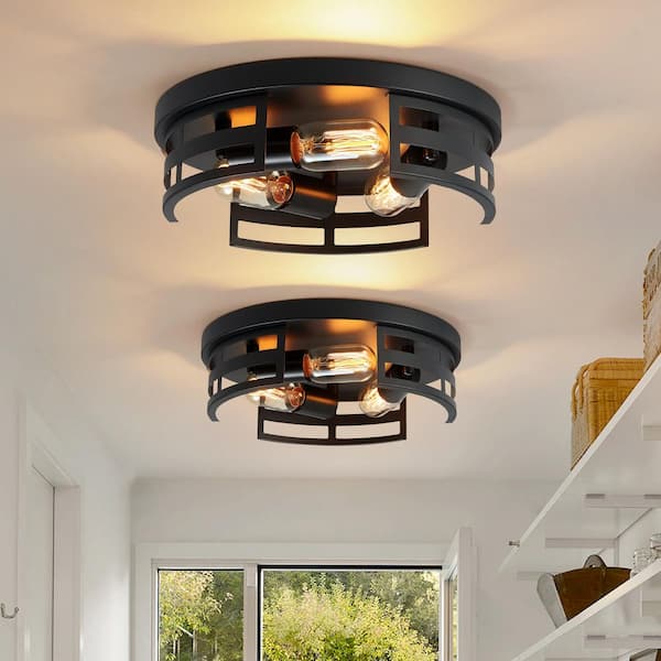 12.6 in. 3-Light Black Flush Mount Ceiling Light Fixture with Metal Caged Shade and No Bulbs Included (2-Pack)