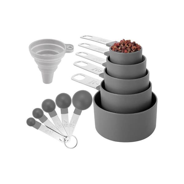 10-Piece Gray Stainless Steel Measuring Cup Spoon Set with Stackable Nesting Design for Dry Liquid Ingredients