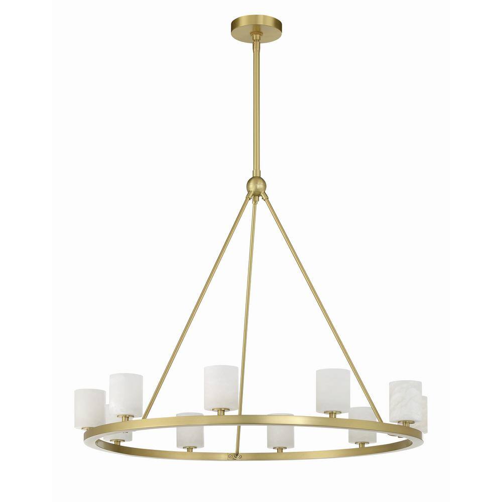 Soft Brass 10-Light Chandelier with White Stone Shades