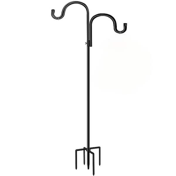 62 in. Metal Double Shepherds Hook for Patio, Bird Feeder Pole with 5 Prongs Base for Hanging Plant, Solar Light, Black