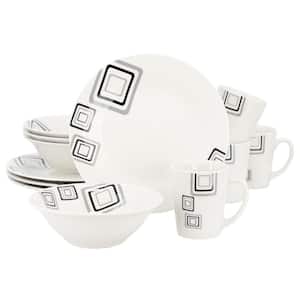 Black Squares 12-Piece Round Fine Ceramic Dinnerware Set in White