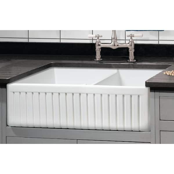 Yorkshire Farmhouse Fireclay 33 in. 55/45 Double Bowl Kitchen Sink with Cutting-Board, Grid and Strainer in White
