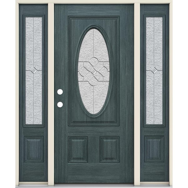 JELD-WEN 60 in. x 80 in. Left-Hand 3/4 Oval Brevard Decorative Glass Denim Fiberglass Prehung Front Door w/Sidelites