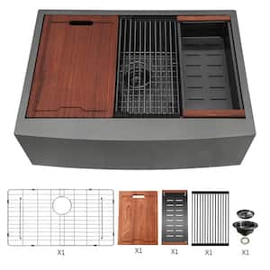 33 in. Farmhouse/Apron-Front Single Bowl 16-Gauge Black Stainless Steel Kitchen Sink with Bottom Grid and Cutting Board