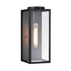 13 in. Matte Black 1-Light Outdoor Wall Cage Lantern Sconce for Patio with Clear Glass Shade