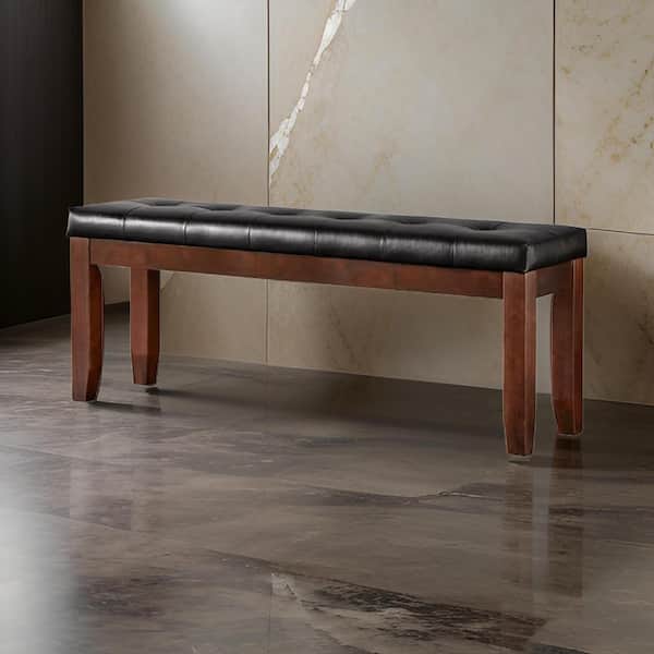 Benjara Dark Brown 16 in. Wood and Bi Cast Vinyl Bench with Tufted Seat