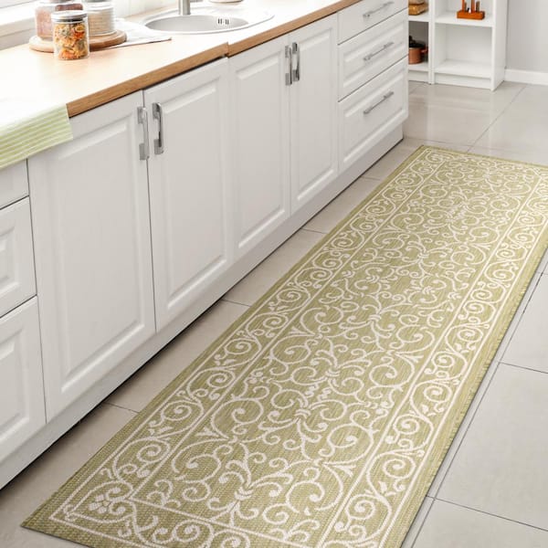 Charleston Vintage Filigree Textured Weave Green/Cream 2 ft. x 8 ft. Indoor/Outdoor Area Rug