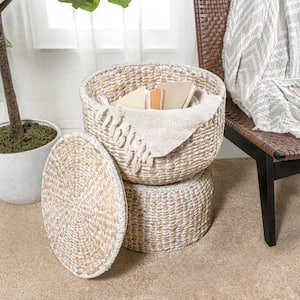 Bhola 18 in. Hourglass Handwoven Hyacinth Storage Accent Table with Lid, White Wash