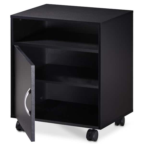 FITUEYES Printer Stand with Adjustable Storage Shelves, Mobile Black Wood Work Cart on Wheels for Home Office