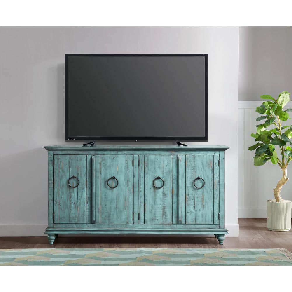 Rustic Turquoise Solid Pine 65" TV Stand with Cabinet