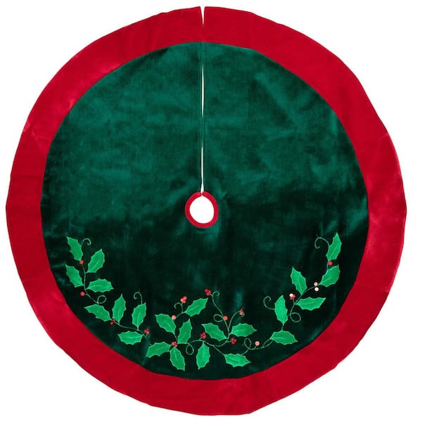 48 in. Dark Green and Burgundy Holly Berry Velveteen Christmas Tree Skirt