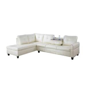 103.50 in. W Round Arm 2-piece Faux Leather L Shaped Modern Left Facing Sectional Sofa Set in White w/Drop Down Table
