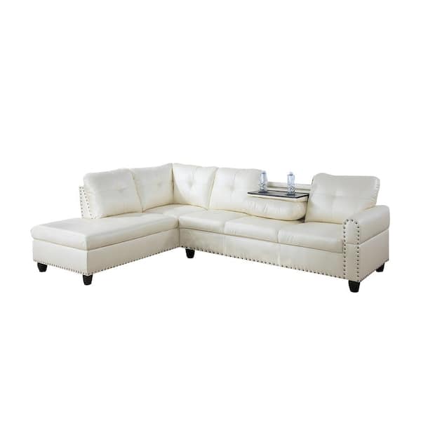 Star Home Living 103.50 in. W Round Arm 2-piece Faux Leather L Shaped Modern Left Facing Sectional Sofa Set in White w/Drop Down Table