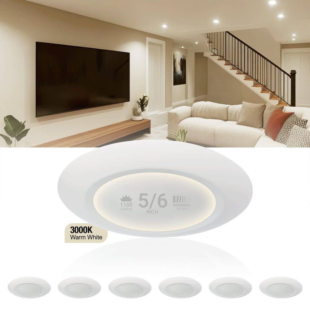 6-Pack 5/6 in. Flush Mount LED Disk Light 3000K Warm White, CRI 90, 1100 Lumens, 3o/4o J-Box Compatible, Dimmable