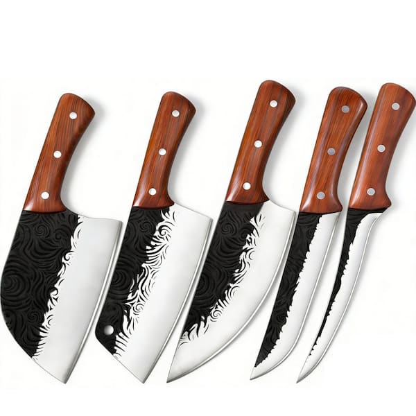 5-Piece Stainless Steel Knife Set with Wood Handle, Hand Forged Knives Set for Home, Outdoor Cooking, Camping BBQ