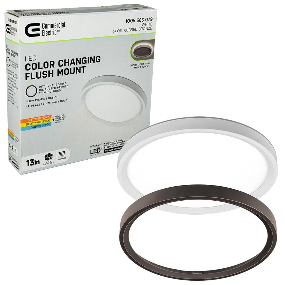 Commercial Electric 13 in. Color Selectable LED Flush Mount with Night  Light Feature Optional White and Oil Rubbed Bronze Trim Rings 56584112