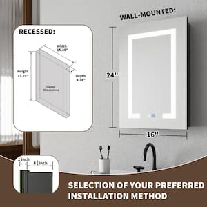 Velux 16 in. W x 24 in. H Rectangular Aluminum Recessed/Surface Mount Right Dimmable Medicine Cabinet with Mirror LED