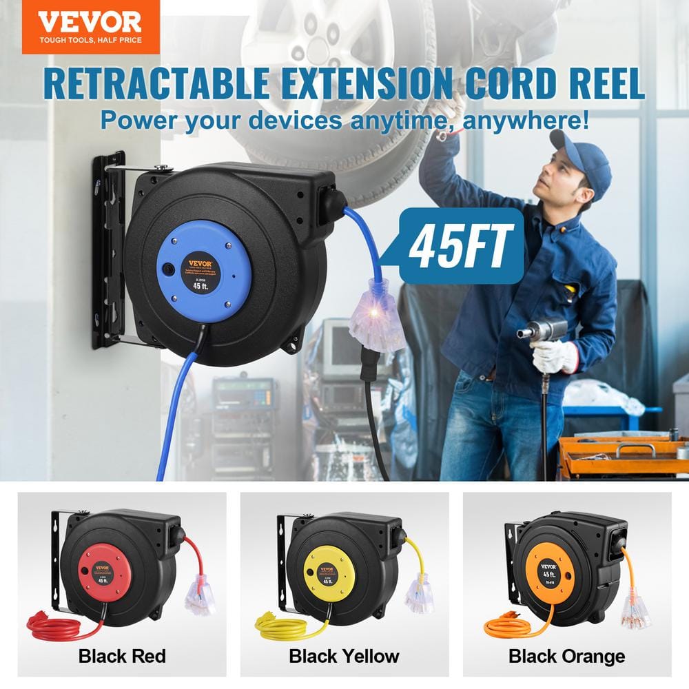 Heavy Duty Blue and Black Retractable Extension Cord Reel 45FT