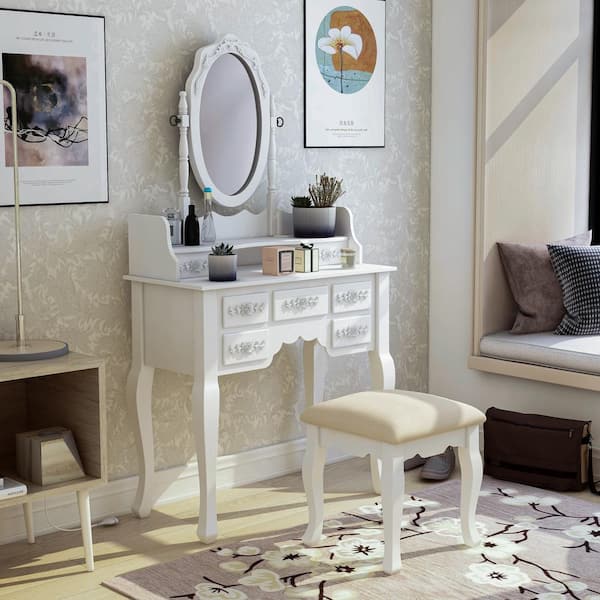 Zehner 2-Piece White Oval Mirror Vanity Set