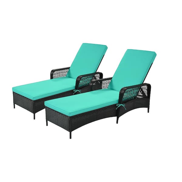 Unbranded Black 2-Piece Steel Wicker Outdoor Chaise Lounge with Green Cushion, Adjustable Backrest