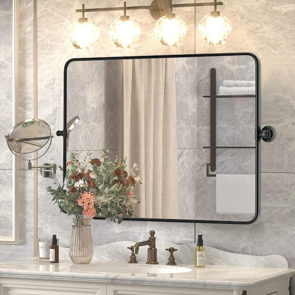 30 in. W x 40.2 in. H Modern Rectangular Black Metal Frame Pivot Wall Mirror/Bathroom Mirror (Screws Included)