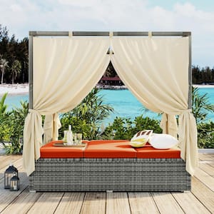 Wicker Adjustable Sun Bed With Curtain Outdoor Day Bed with Orange Cushions