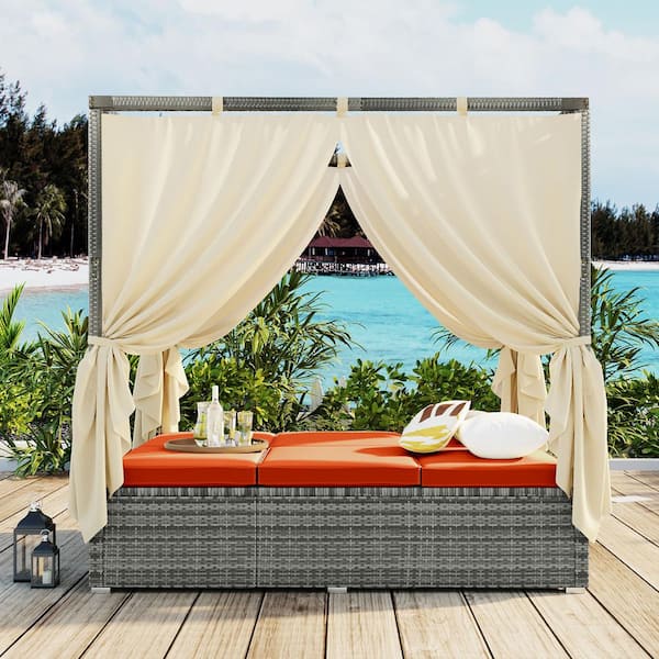 Runesay Wicker Adjustable Sun Bed With Curtain Outdoor Day Bed with Orange Cushions