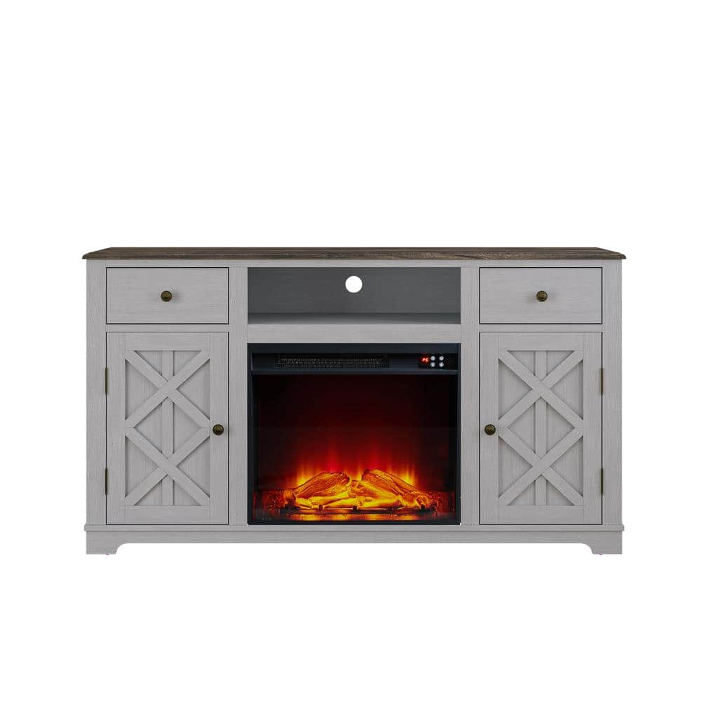 60 in. Farmhouse Wooden TV Stand with Electric Fireplace in Gray for TVs up to 65 in -  FESTIVO, FTS23227