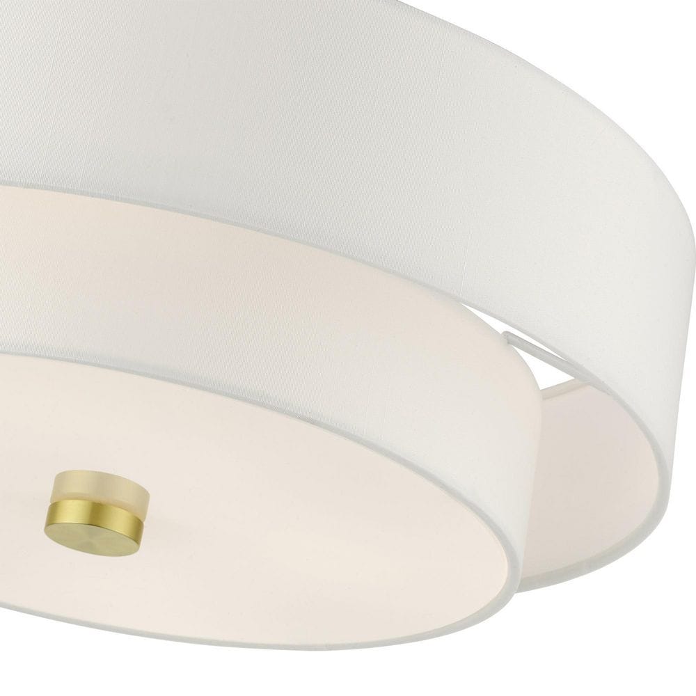 Satin Brass 4-Light Indoor/Outdoor Semi-Flush Drum Mount with Off-White Shade