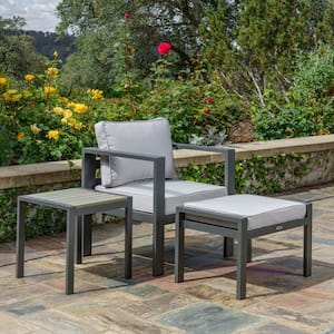 Lakeview Aluminum Outdoor Lounge Chair Set with Grey Cushion, Ottoman, and Side Table (Modern Furniture Bundle)