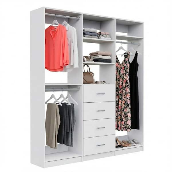 Alto Collection 105 in. W White Wall Mounted Double Hang, 4-Drawer and Tall Hang Wood Closet System