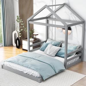 Gray Wood Frame Full Size House Floor Bed with Roof Design and Guardrails