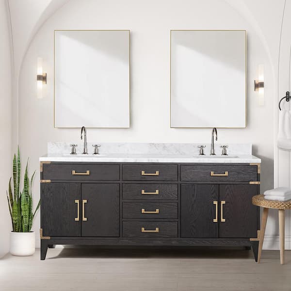 Lexora Fossa 72 in W x 22 in D Black Oak Double Bath Vanity and Carrara Marble Top